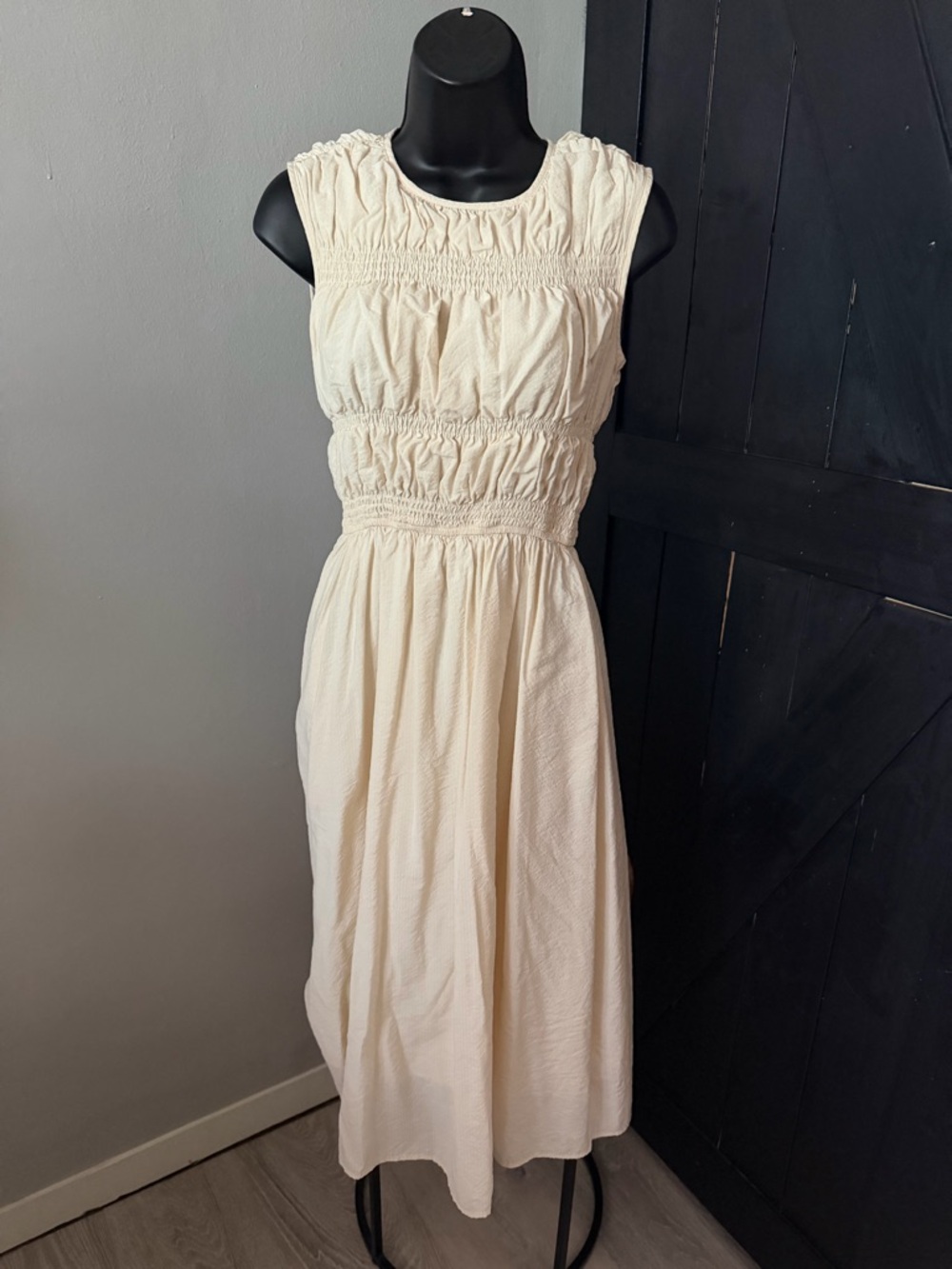 bohme Cream Smocked Bodice Midi Dress